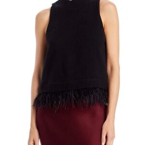AQUA Black Feather Trimmed Sleeveless Top Size Small